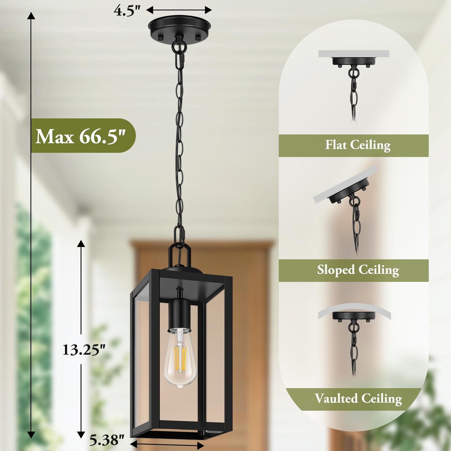 BesLowe Outdoor Pendant Light, 13·Black Metal Hanging Lantern, Adjustable Chain, Model D05088P