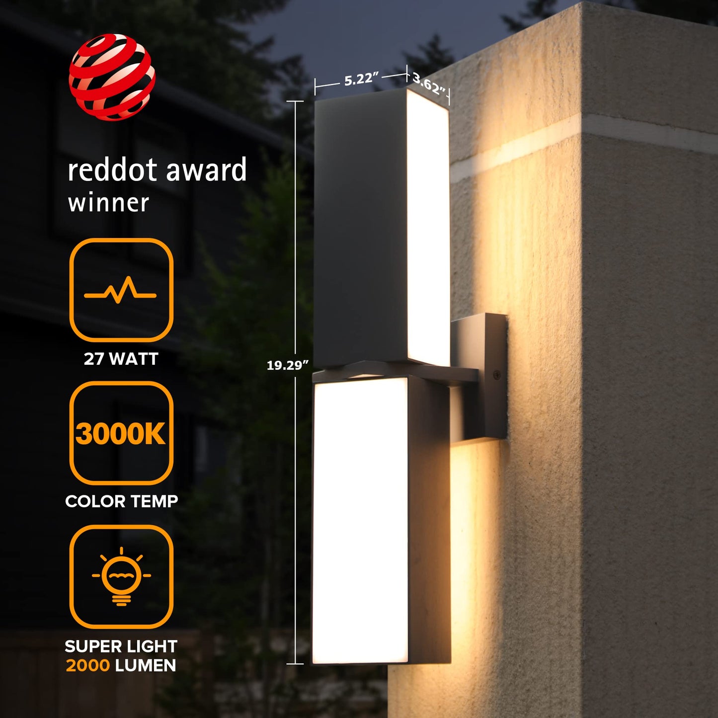 LUTEC Cuba Outdoor LED Wall Light, 3000K, 2000LM, Gray, Waterproof, Aluminum, Model 5193817118