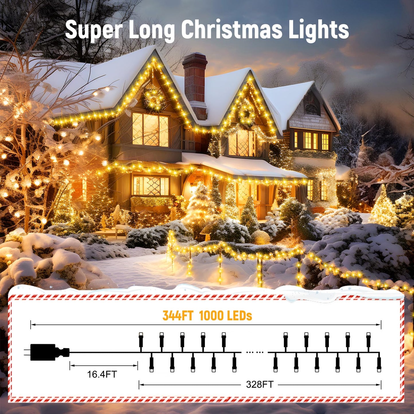Minetom 1000 LED Christmas Tree Lights, 328 Ft, Warm White, Green Wire, 8 Modes, Waterproof, Remote Control